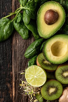 Fresh green ingredients for a healthy diet on a rustic wooden background