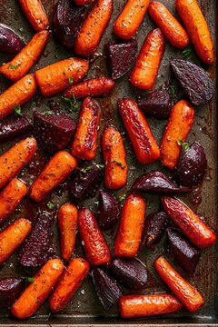 Roasted carrots and beets seasoned with herbs and spices on a baking sheet