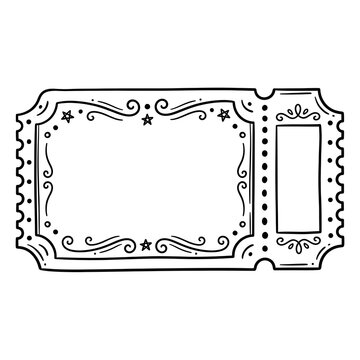 Blank vintage cinema ticket template with hand drawn ornamental borders and decorative swirls monochrome line art vector illustration on white