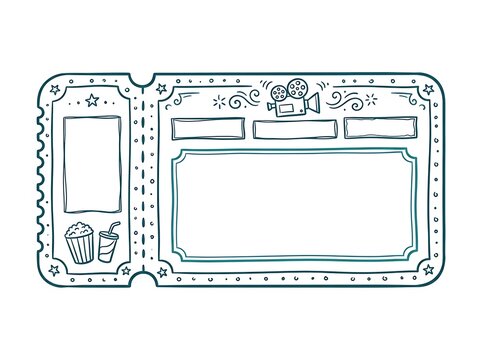 Blank vintage cinema ticket illustration with hand-drawn popcorn soda and film camera icons on white background for movie event invitation