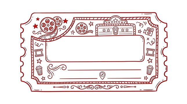 Blank vintage cinema ticket illustration featuring retro movie film reel and camera line art design for event invitation or theater vouchers