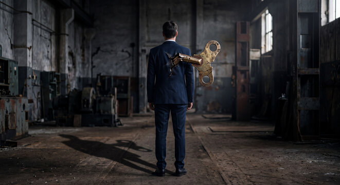 Businessman standing in abandoned factory with a broken metal wind-up key in his back