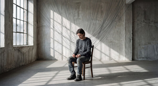 Young man sitting slumped on chair connected to numerous black strings hanging from ceiling
