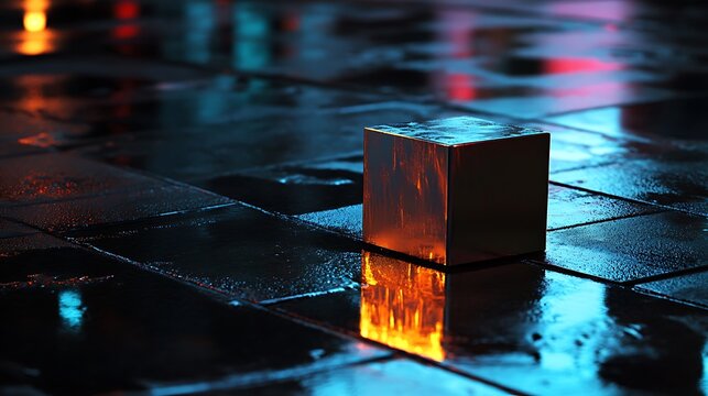Metallic cube reflecting neon lights on wet pavement.