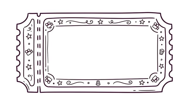 Doodle style illustration of a decorative blank vintage admit one cinema ticket featuring star patterns and artistic swirl border elements design