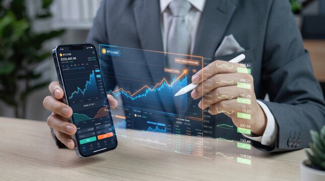 Trader analyzing cryptocurrency chart on smartphone with holographic overlay showing BTC/USD price trend, high risk reward target indicator for financial decision making