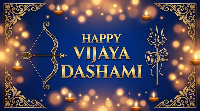 Golden bow and trishula decoration on blue texture for Vijaya Dashami festival greeting card design and religious hindu culture banner