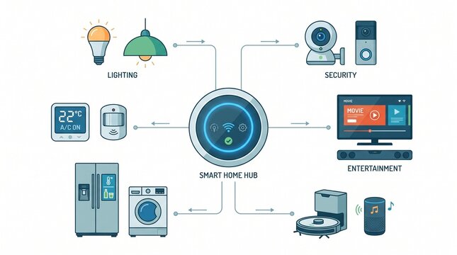 Vector illustration of smart home network with wireless signal controlling light bulb security appliances and entertainment devices