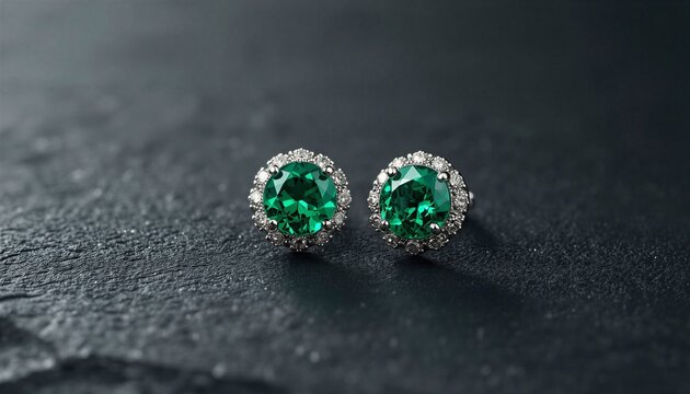 Pair of luxury round green emerald stud earrings with diamond halo setting resting on dark textured slate background close up high end jewelry macro photography