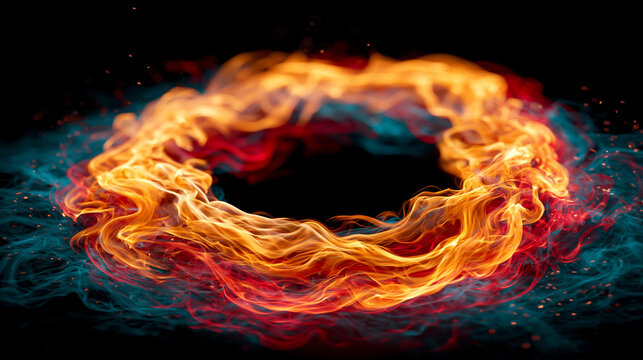 Powerful of donut fire burning effect around the black ground , epic action image.