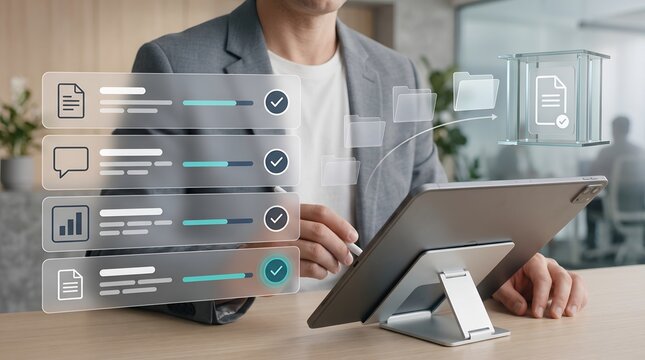 Cloud storage archiving concept showing professional using tablet to transfer digital documents into secure virtual data vault interface