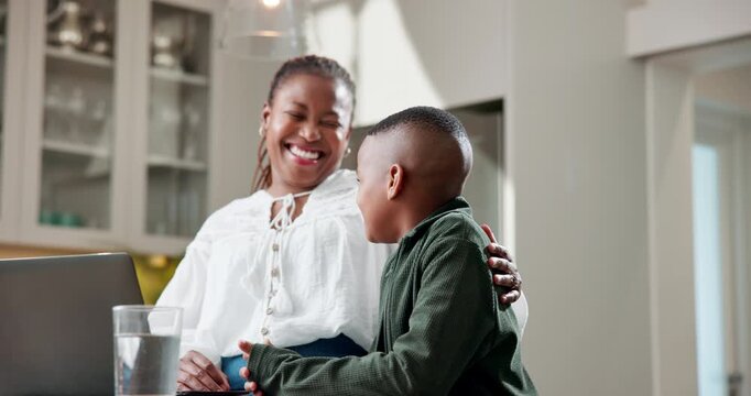 Laugh, elearning and laptop with mother and black child for smile, education and support. Project success, tutor and online course with woman and kid in family house for correct math answer and study