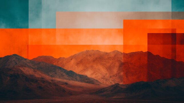 A mountain landscape with layered geometric translucent rectangles in shades of orange and blue creating a modern abstract effect.