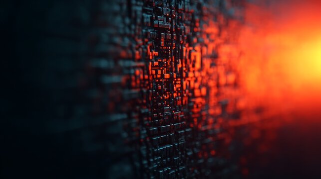Abstract close-up of a textured surface with illuminated red and orange light creating a futuristic and digital atmosphere.