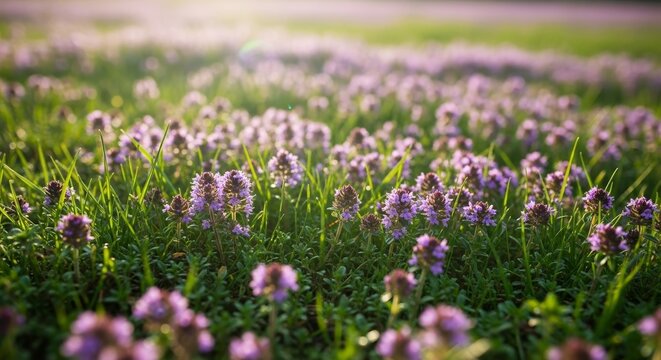 Meadow with flowering thyme creating a serene landscape, vibrant green grass and delicate purple blossoms swaying softly in the breeze, ideal for nature-inspired decor or floral-themed projects.