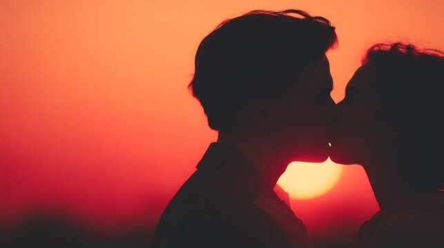 Silhouetted couple sharing a romantic kiss against a vibrant orange sunset background.