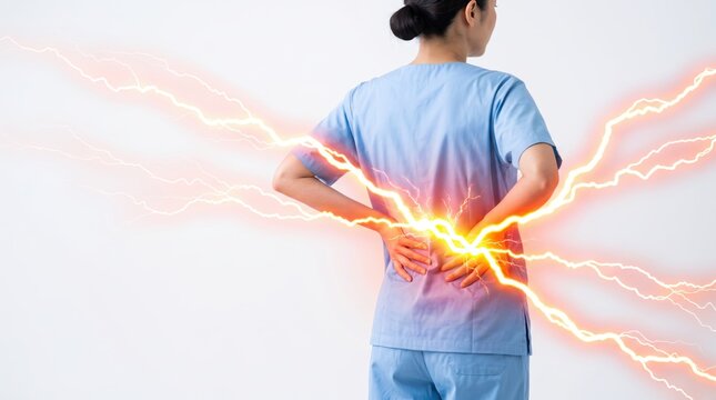 Female nurse in blue uniform suffering from severe back pain, holding lower spine with electricity effect, illustrating occupational health issues and fatigue