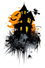 Fototapeta premium A haunted house stands in darkness with orange light shining from the windows. Bats fly in the night sky. A witch rides on a broom nearby
