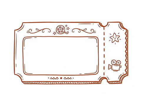 Vintage cinema ticket line art illustration with film reel camera star symbols hand drawn style for movie events retro aesthetic frame
