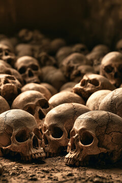 Many skulls are arranged closely on the ground in a dark area. This scene is for Halloween, featuring a spooky atmosphere and eerie details