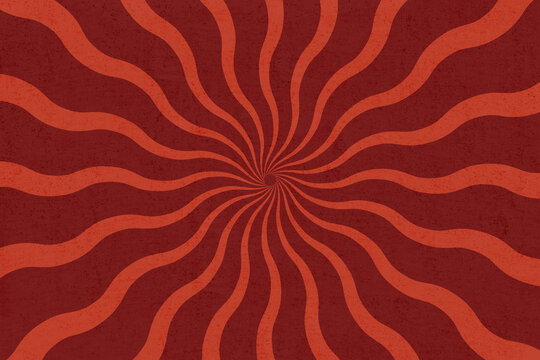 retro spiral pattern background, red sunburst illustration, groovy 70s hypnotic swirl wallpaper with vintage texture