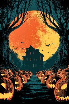 Lit pumpkins line the path leading to a dark house at Halloween night. A large orange moon shines in the sky with bats flying around