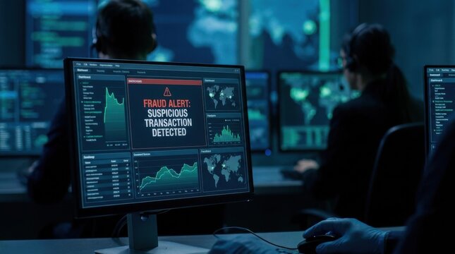 Payment Fraud Detection: Cybersecurity analyst monitoring suspicious financial transactions