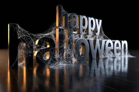 Happy Halloween text stands in front of a dark background. The letters are covered with spider webs. This scene is set during the Halloween season