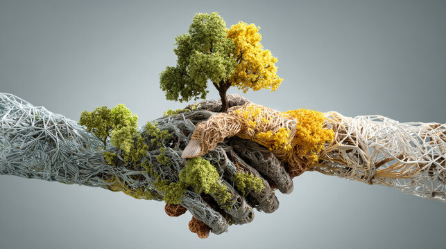 Two hands made of woven branches are shaking hands, each hand has a small tree on top, showing a connection between people and the environment