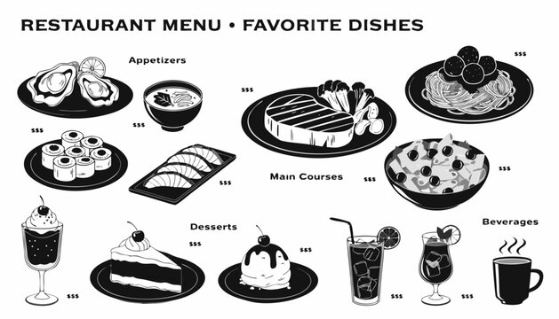 Very beautiful black and white realistic vector illustration of an illustrated restaurant menu, featuring a bold caption reading "RESTAURANT MENU &bull; FAVORITE DISHES", assorted meals, appetizers, desser