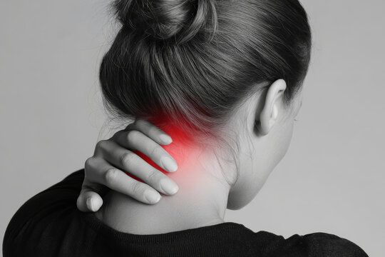 A woman in an indoor setting holds her neck with one hand while looking down. She appears to feel pain in her neck area. The lighting is dull and soft