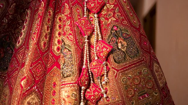 Close up of traditional red Indian bridal lehenga with intricate embroidery