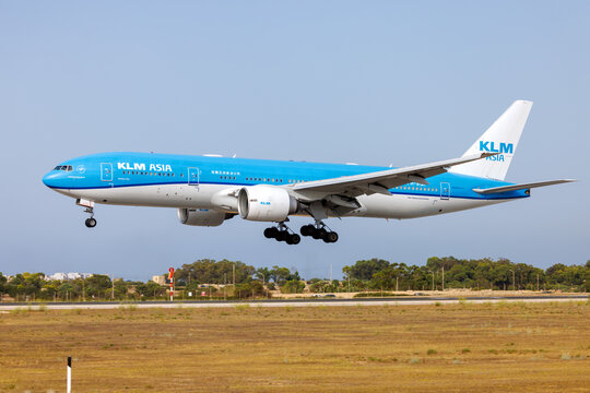 Luqa, Malta - August 5, 2026: KLM Asia Boeing 777-206/ER (REG: PH-BQF) coming in for maintenance at LTM.