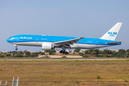Luqa, Malta - August 5, 2026: KLM Asia Boeing 777-206/ER (REG: PH-BQF) coming in for maintenance at LTM.