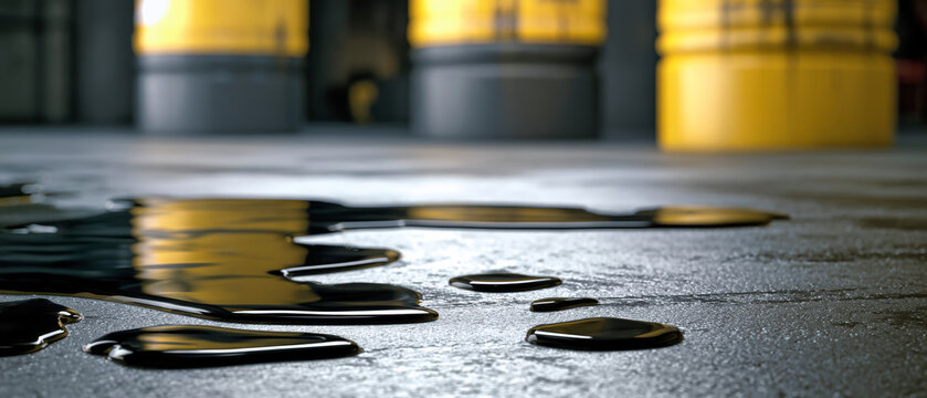 Dark oil forms puddles on gray linoleum with yellow and gray industrial barrels nearby in a dimly lit workshop environment