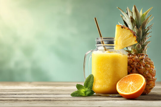 A glass of yellow smoothie sits on a wooden table next to a halved orange and a whole pineapple. Fresh mint leaves add detail to the scene