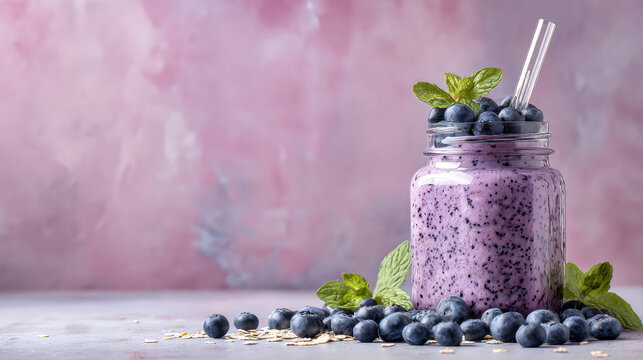 A jar of blueberry smoothie sits on a gray surface with fresh blueberries and mint leaves around it. The background has a soft pink hue