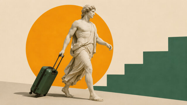 Classical statue with travel suitcase on summer Mediterranean vacation abstract collage illustration