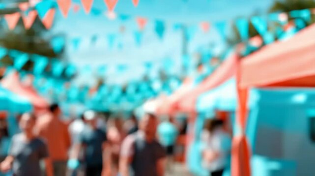 Bright pennant market blurred sunlit tents and flags creating a festive fair ambiance with soft bokeh and colorful canopies