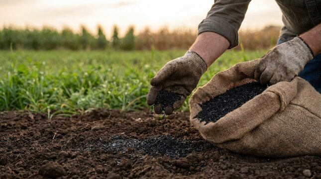 Regenerative Agriculture Guide: Farmer demonstrating biochar application techniques on sustainable farmland 