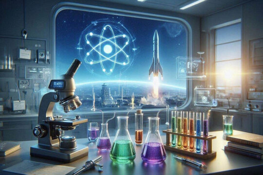 Abstract science illustration featuring a microscope, colorful flasks, and a glowing atomic model with orbiting electrons in a futuristic lab setting.