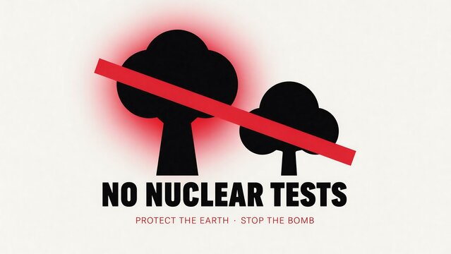 No nuclear tests protest illustration with crossed trees