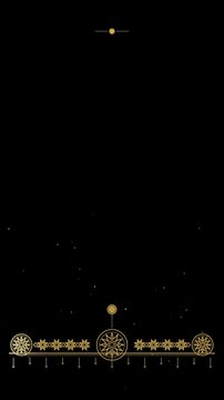 Vertical animated golden octagram star baseline with hanging compass motifs on black background
