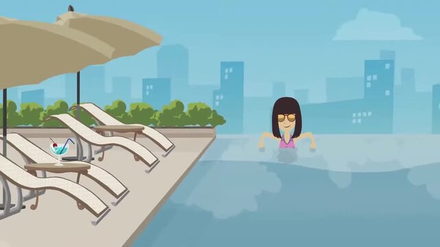 2D animation of a woman swimming in an outdoor infinity pool near loungers city skyline background resort