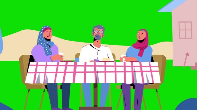 Cartoon Muslim Family Having Meal in Backyard on Green Screen Animation