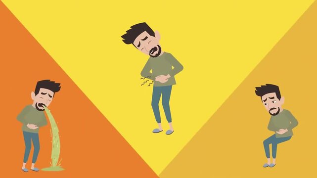 2D animation of a man suffering from severe stomach ache nausea vomiting and food poisoning illness symptoms