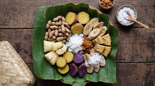 Traditional Indonesian Boiled Snacks Platter on Banana Leaf