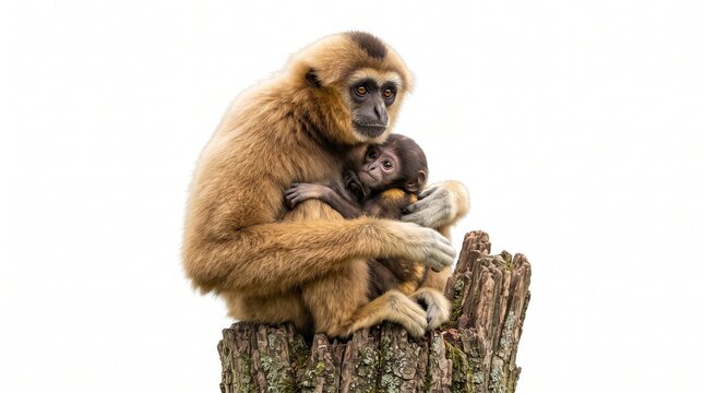 Lar gibbon mother holding baby on tree stump, white-handed gibbon family portrait, wild primate with infant isolated on white background
