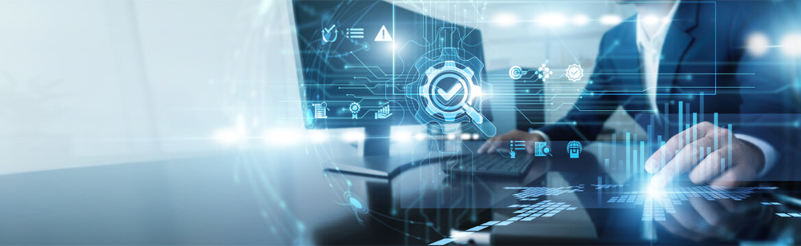 Technical inspector working on computer doing quality control. Specialist monitoring manufacturing standards and testing protocols to ensure every product meets strict safety requirements.