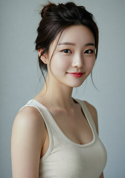 A young woman stands in a studio with a neutral background. She smiles softly at the camera. Her hair is tied back in a loose bun. She wears a plain shirt.